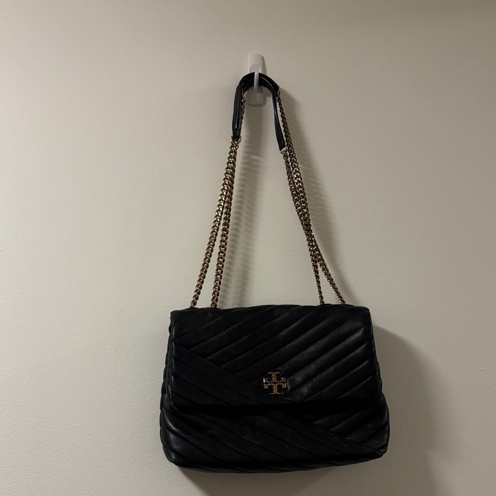 Tory Burch Kira Large Black Quilted Shoulder Bag with Gold Chain